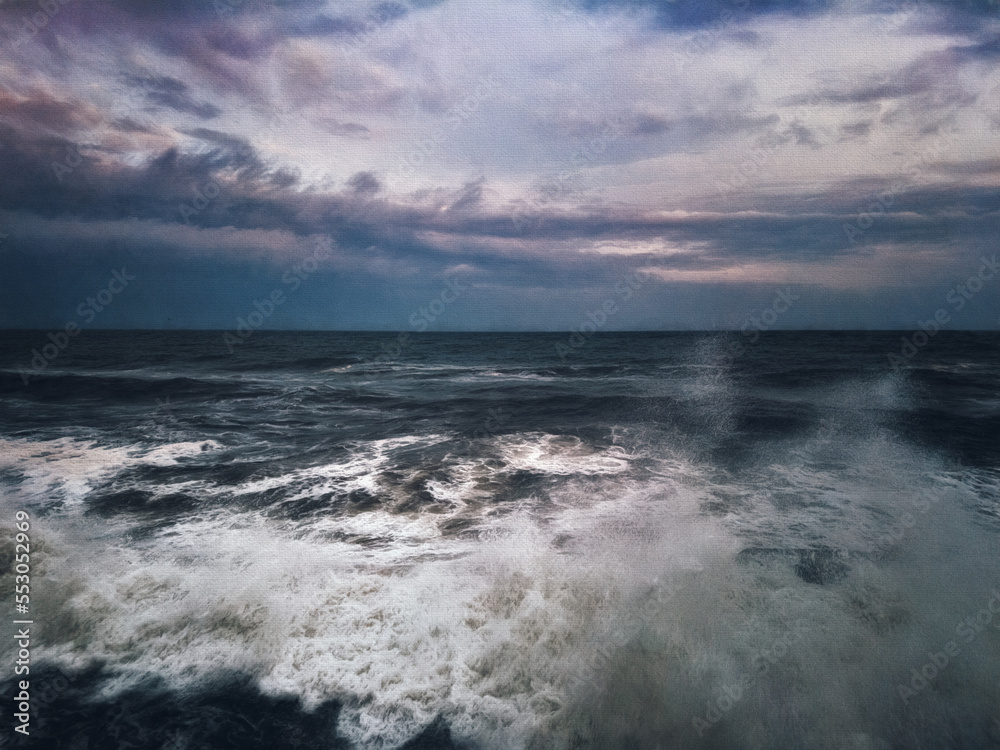 Fototapeta premium Storm on the sea against the background of clouds. Illustration