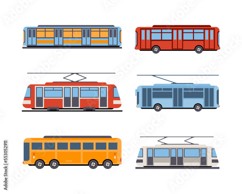 Tram or Streetcar, Bus and Train as Rail Vehicle Driving Along Urban Streets Vector Set