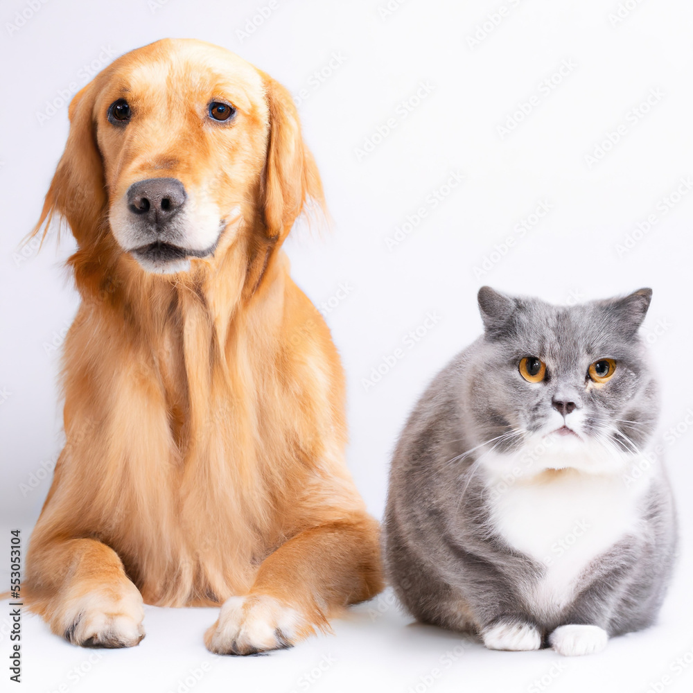A Golden retriever and a scottish cat lying on a white background side by side. Created via Ai software.
