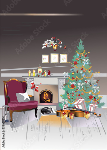 Christmas Room interior with  a retro arm-chair and a fireplace. Christmas tree. Hand drawn vector background illustration