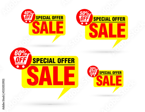 Sale yellow tag speech bubble set with shopping cart. Special offer 30%, 40%, 50%, 60% off discount