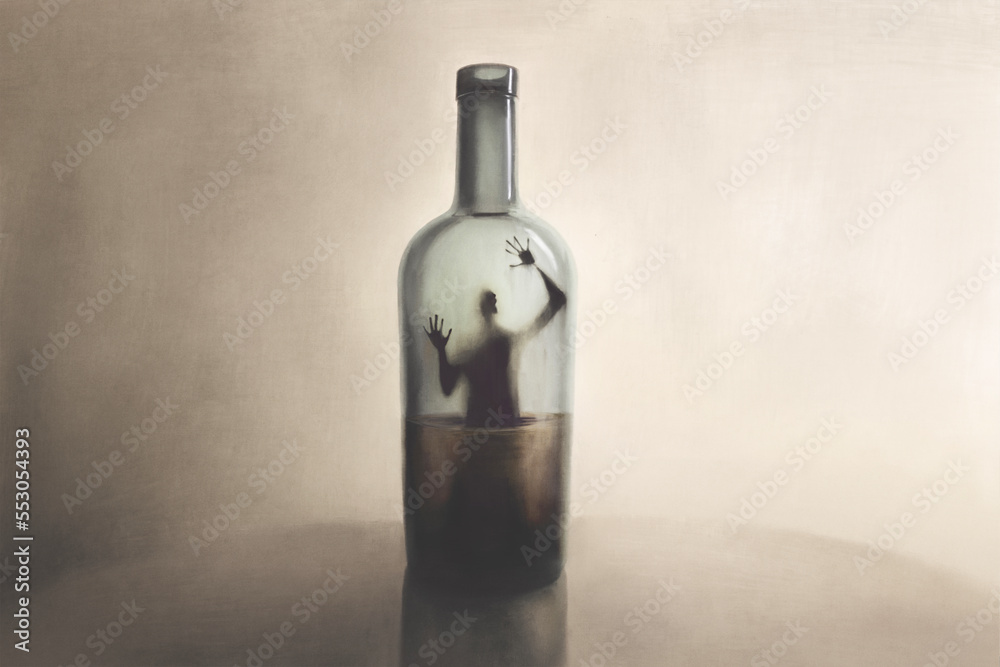 Illustration of man imprisoned in a bottle of alcohol, surreal addiction abstract concept - obrazy, fototapety, plakaty 