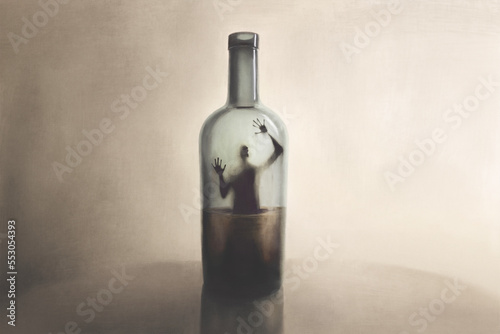 Illustration of man imprisoned in a bottle of alcohol, surreal addiction abstract concept photo