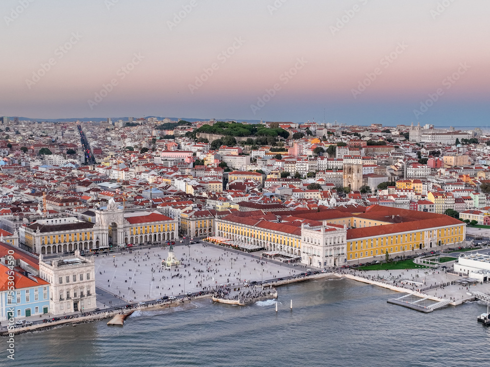 Commerce Square in Lisbon, Portugal. Palace Yard, Royal Palace of Ribeira. Drone Point of View