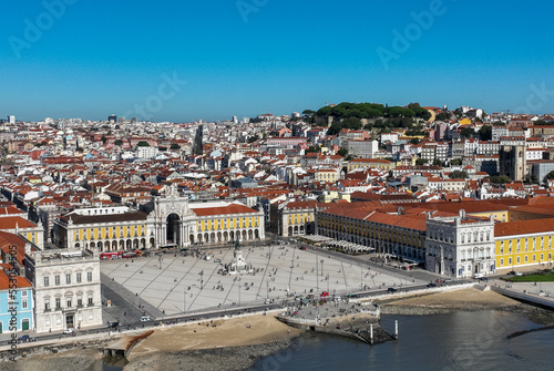 Commerce Square in Lisbon, Portugal. Palace Yard, Royal Palace of Ribeira. Drone Point of View