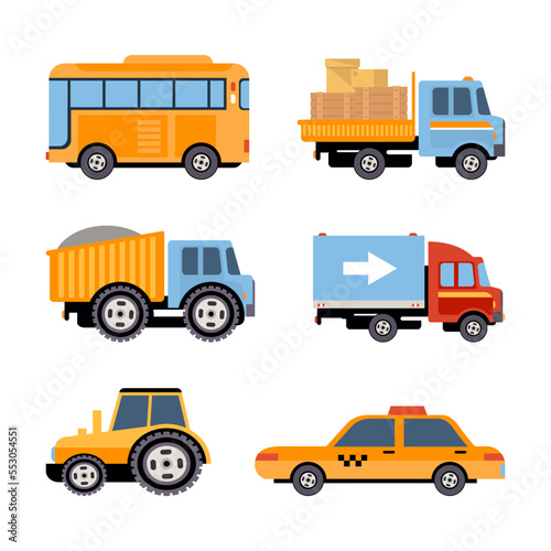 Bus, Lorry, Delivery Truck, Dump, Tractor and Taxi as Motor Vehicle and Urban Transport Vector Set