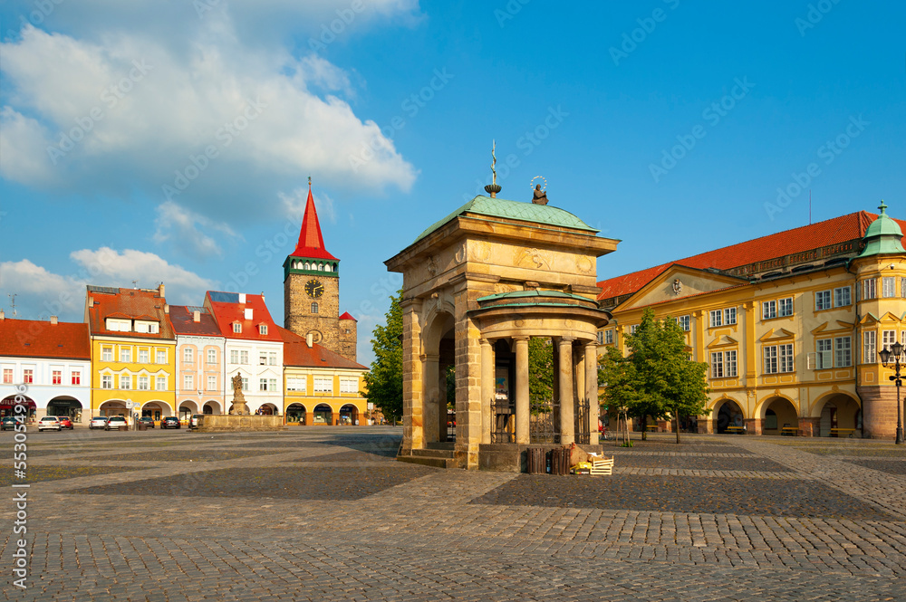 Jicin, Czech Republic - May 12, 2018: The town historic centre, built in 13th century around a square with a regular Gothic street layout, remnants of fortifications and arcade Renaissance and Baroque
