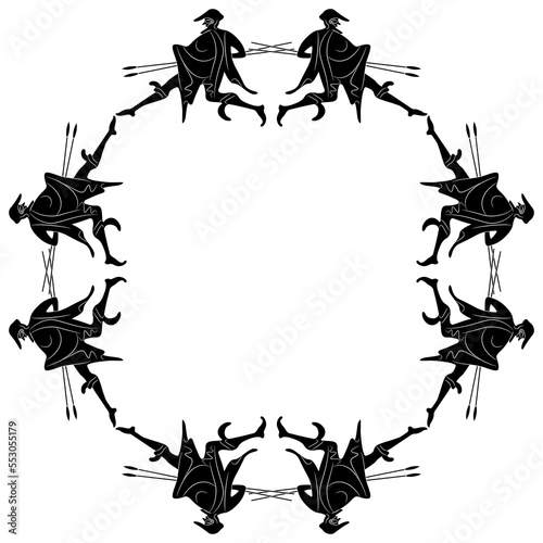 Round ethnic frame with running ancient Greek men carrying spears. Black and white negative silhouette. Vase painting style.