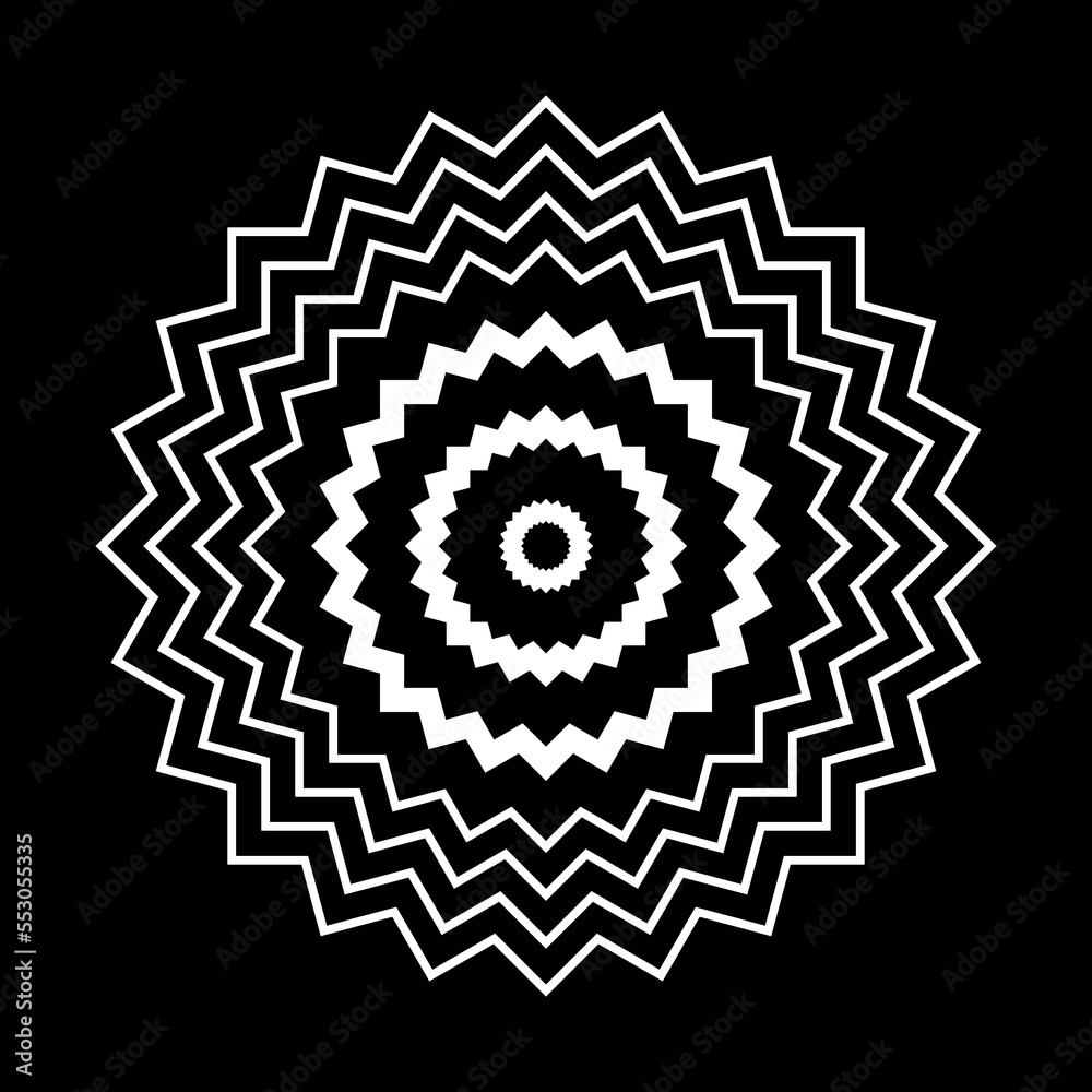Geometric Circle Zig Zag Lines White Pattern on Black Background. Geometric Circle Zig Zag Lines White Pattern on Black Background.