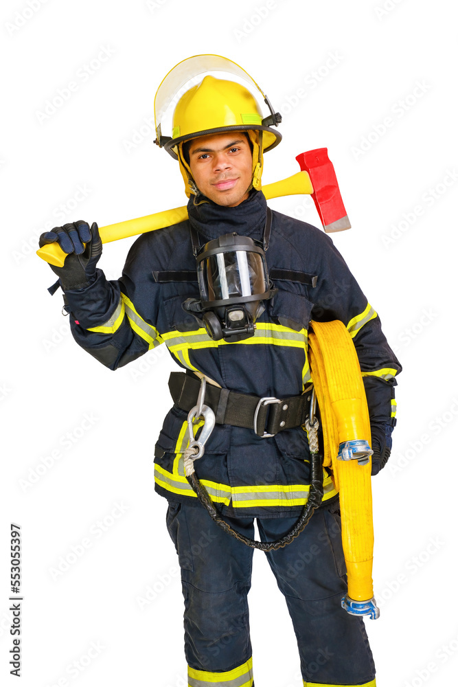 Young smiling African-American fireman in uniform and red Santa Hat holds fire hose and axe in hands and looking at camera isolated on white background, vertical orientation Young smiling African-American fireman in uniform and red Santa Hat holds fire hose and axe in hands and looking at camera isolated on white background, vertical orientation