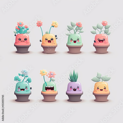 Illustration of an isolated colorful set of flowers and plants with faces in teir pots expressing themselves on white background photo