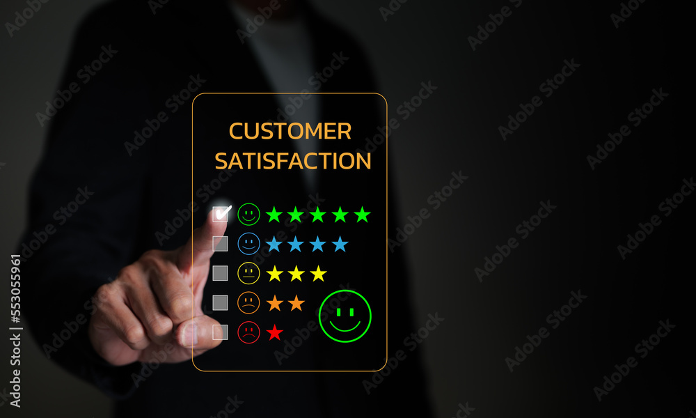 User gives rating to service experience on virtual screen. quality review, best rating positive five star, marketing research, satisfaction user. Customer review satisfaction feedback survey concept. User gives rating to service experience on virtual screen. quality review, best rating positive five star, marketing research, satisfaction user. Customer review satisfaction feedback survey concept.