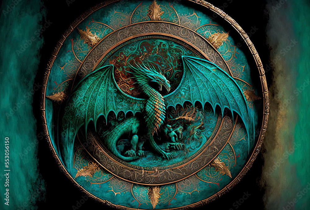 Turquoise dragon is the shamanic spirit of the powerful drum, female shaman dragon, shamanic drum, shaman, turquoise dragon, spirituality, chamanisme, dragon, beliefs, fantasy, generative AI