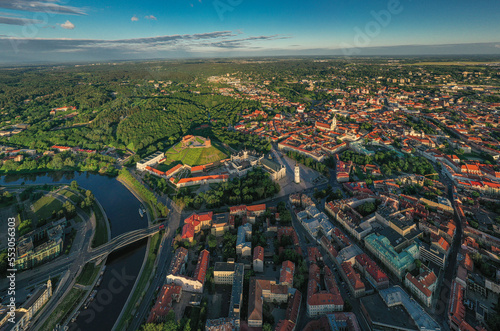 Vilnius Old Town in Lithuania. Beautiful Sunset Time. Cathedral Square, Gediminas Castle in Background. River Neris.