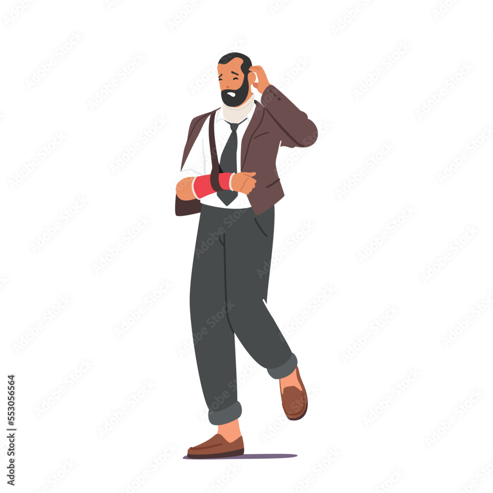 Man with Arm Fracture Isolated on White Background. Patient Character in Formal Wear with Broken Hand after Accident Man with Arm Fracture Isolated on White Background. Patient Character in Formal Wear with Broken Hand after Accident
