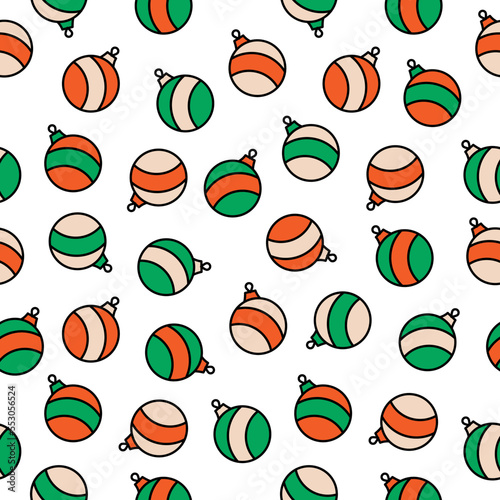 Seamless pattern of striped Christmas balls. Christmas decorations on a white background. Christmas Glass Ball. Green, orange and beige colors. Vector illustration