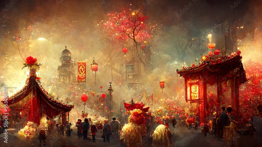 Φωτογραφία illustration of a chinese new year festival with people celebrating on the stree