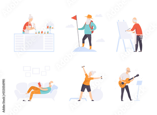 Senior Man and Woman Engaged in Different Activity on Retirement Vector Set