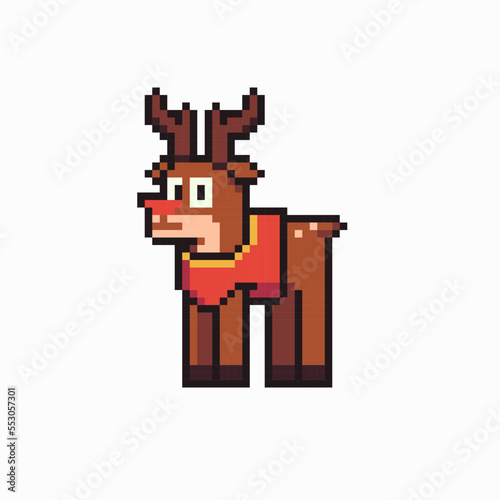 Winter deer with funny face emoji and red nose. Pixel art style character. 8 bit vector illustration