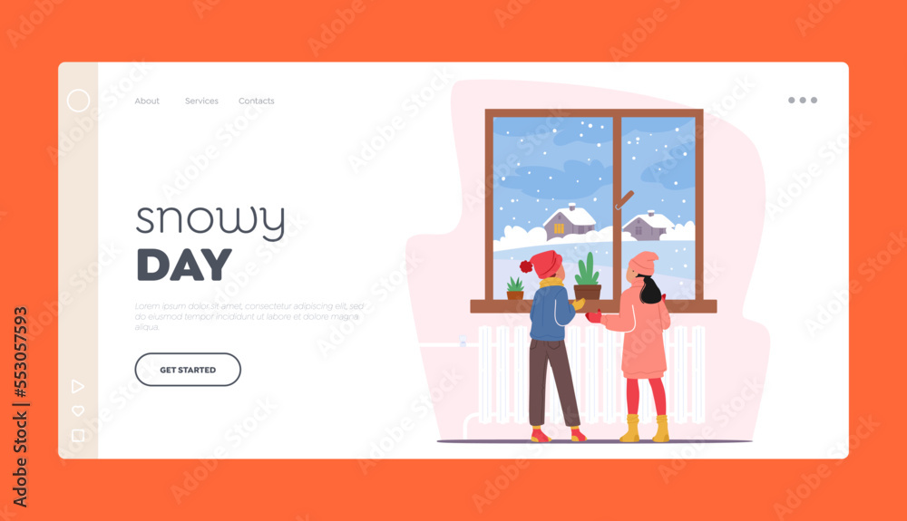 Snowy Day Landing Page Template. Little Kids in Winter Clothes Looking on First Snow through Window Vector Illustration
