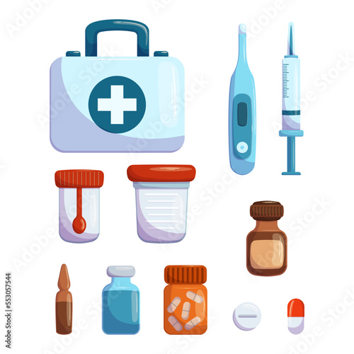 Set Of Medical Kit, Box With Cross, Bottle With Iodine, Thermometer And Syringe. Container For Analysis, Ampule, Pills