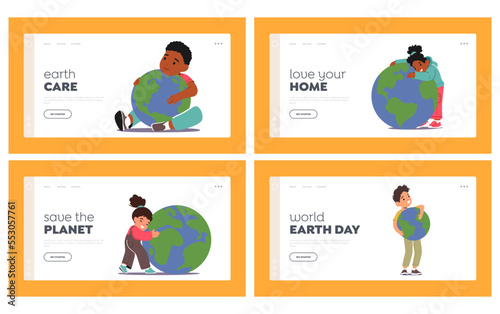 Little Kids Hugging Earth Planet Landing Page Template Set. Boys and Girls Characters Embrace with Love Sphere