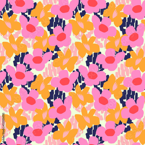Simple yellow and pink floral pattern. Repeated peony flower texture. Poppy. Roses in the summer garden