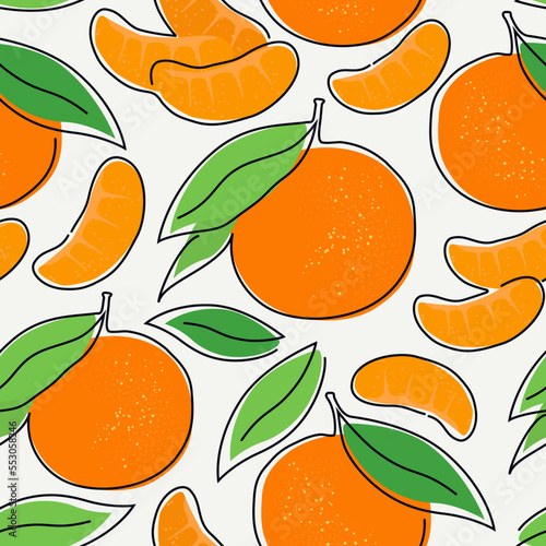 Tangerine, mandarin, orange seamless pattern. Continuous single line citrus fruit motif. One line hand drawn botanic print. Modern minimal doodle linear background. Vector wallpaper