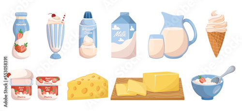 Set of Dairy Products Yoghurt, Milk in Package and Jug, Cocktail or Ice Cream. Cheese, Curd and Desserts with Fruits