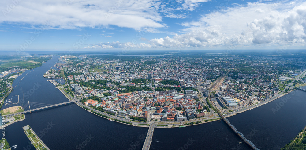 Riga Old Town and Dauguva River In Foreground. Drone Point of View. Latvia