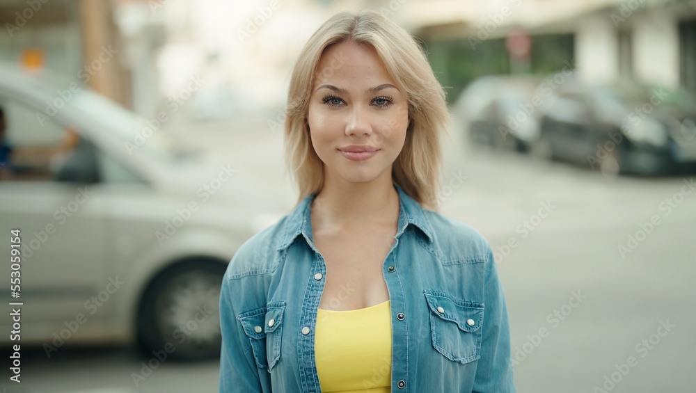 Fototapeta premium Young blonde woman smiling confident standing at street