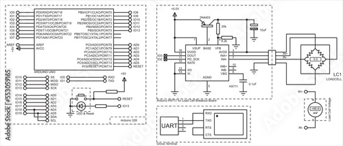 Vector schematic diagram of an electronic device on the arduino. Connecting the load cell and voltmeter to the arduino. 