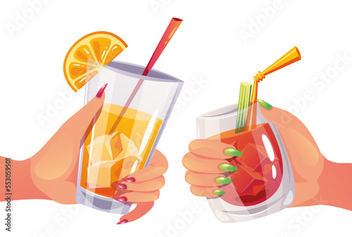 Cocktail glass drink toast cheers wine champagne hold hands. Vector flat graphic design element concept illustration