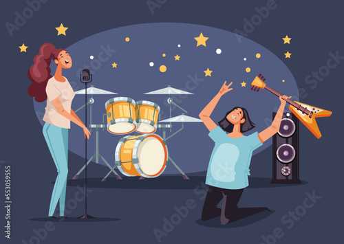 Rock music band on stage event. Vector flat graphic design element concept illustration