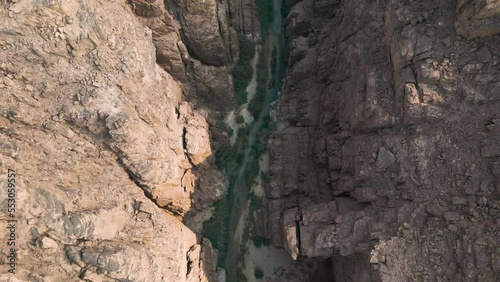 Top-down aerial view of Wadi Mujib canyon in Jordan photo