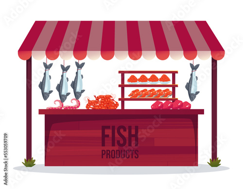 Seafood market traditional tent supermarket street market isolated on white background. Vector flat graphic design element concept illustration
