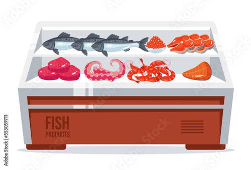 Seafood market traditional tent supermarket street market isolated on white background. Vector flat graphic design element concept illustration