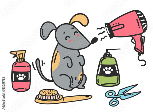 Pet dog grooming supplies domestic accessory isolated on white background. Vector flat graphic design element concept illustration