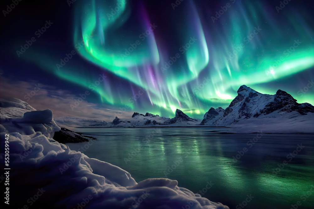 illustration of green Northern lights in the sky above the mountains of Norway. Night sky with polar lights. Night winter landscape, Aurora Borealis Lofoten, Generative AI