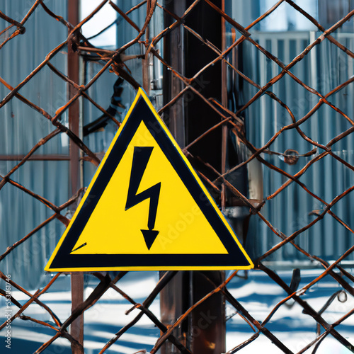 Yellow electricity warning sign with lightning hanging on wire mesh fence. Generative AI.
 photo