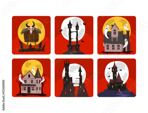 Scary Halloween House with Ghost and Bats Vector Set