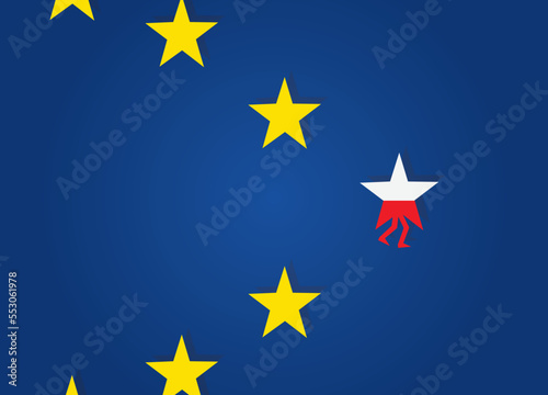Polexit. Poland exit EU. Star with polish flag walk away from EU stars.
 photo