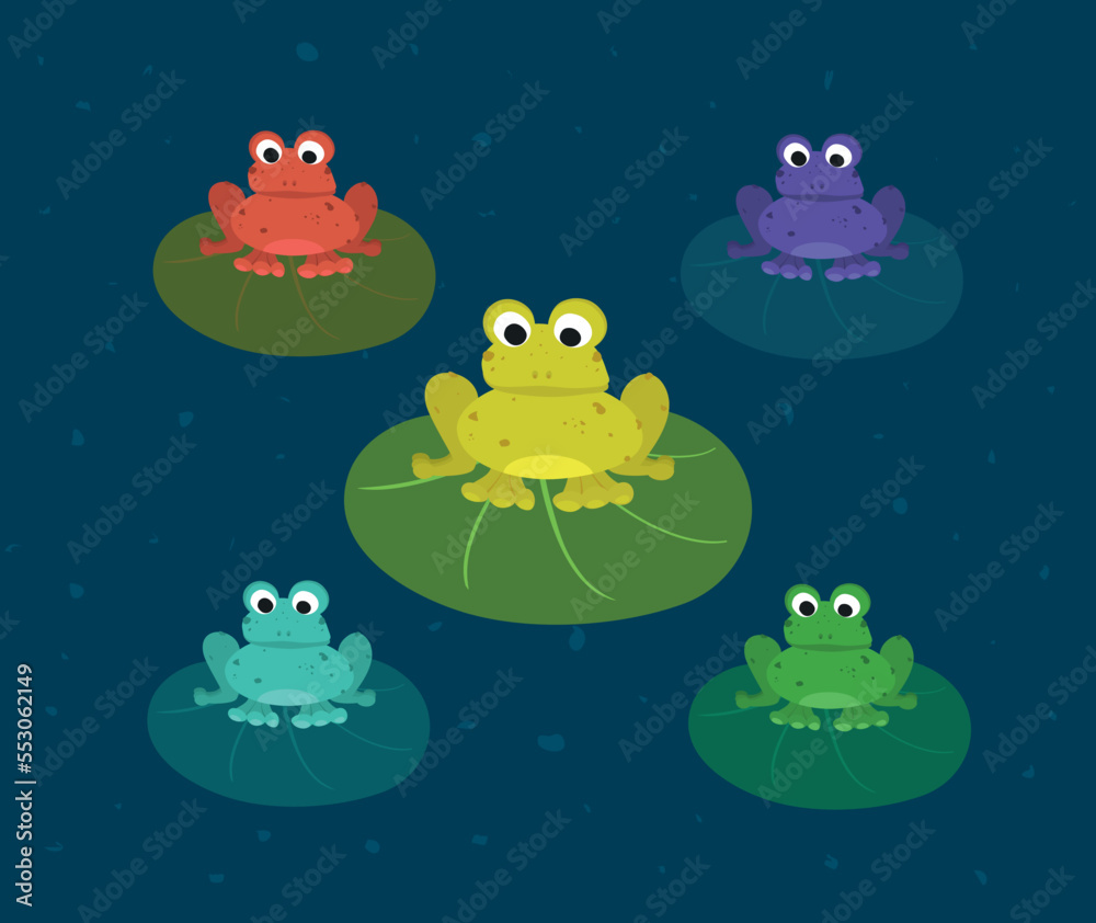 Obraz premium Colorful frogs on the leafs. Funny animal for children. Cartoon character. Ideal for printing on cards or textile.