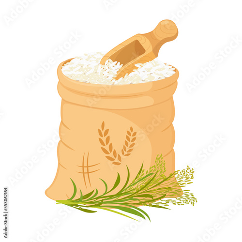 Bag of rice with spatula. Grain harvest in open package. Vector illustration of basmati packaging design element