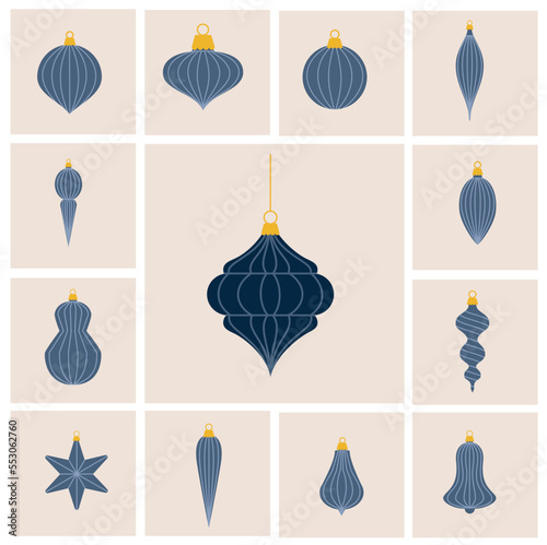 Flat design lined Christmas baubles set in blue and gray colours. Very stylish, different shapes. Ideal for cards web and greetings
