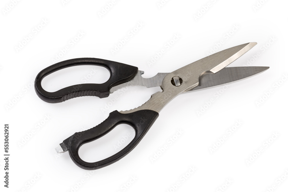 Stainless steel kitchen scissors on a white background Stainless steel kitchen scissors on a white background