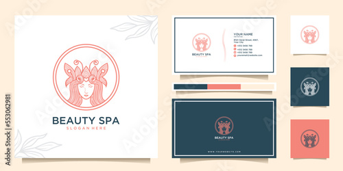 Beauty spa woman logo monoline luxury with business card concept