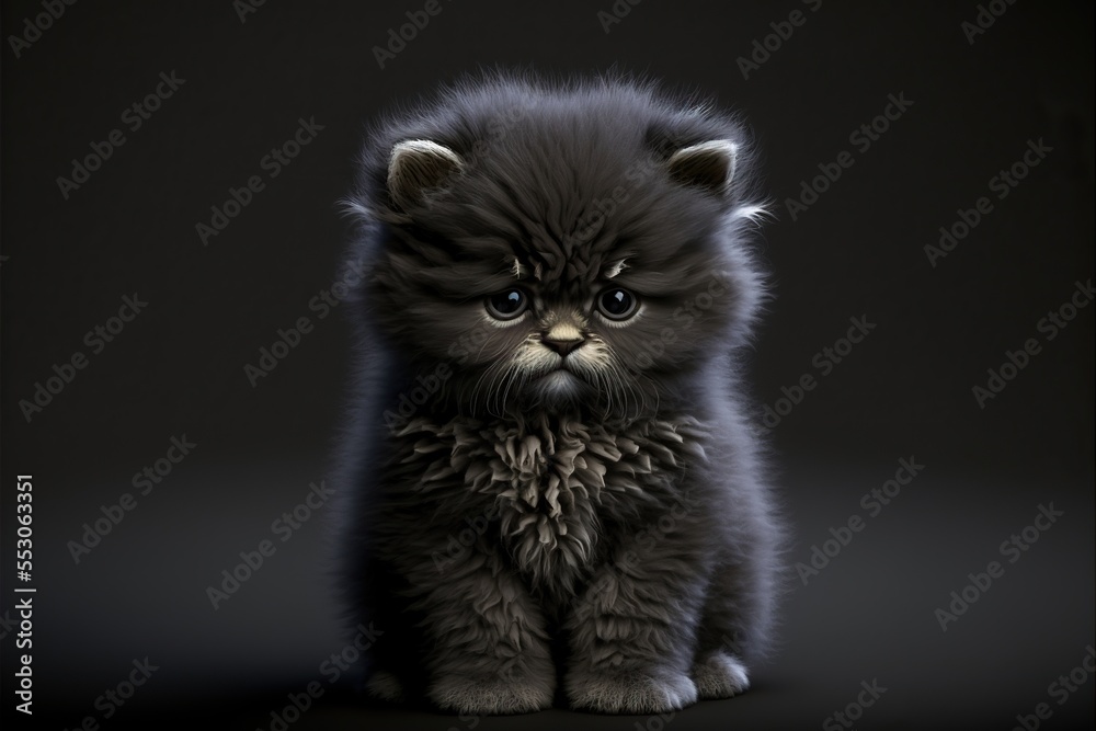 Cute fluffy black kitten isolated on black background
