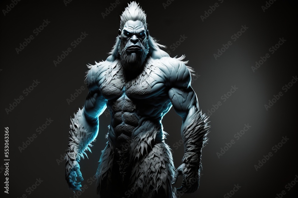 Yeti-Gorilla Warrior. Abonimable muscular bigfoot male. Character design on black background ...