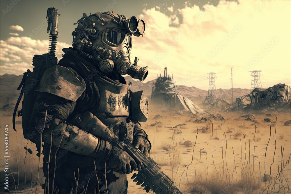 Soldier in camo and protective gear with gas mask, standing in a desolate  post-apocalyptic wasteland landscape, rifle in hand as they scan horizon  for signs of danger. Stock Illustration